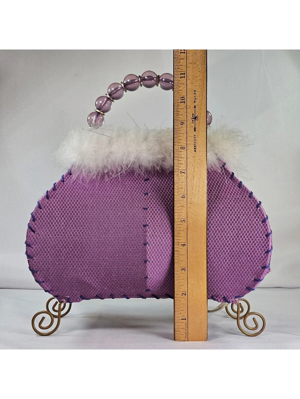 Vintage Novelty Purse Accent Lamp Purple Fabric Faux Fur Beaded Handle Kitschy